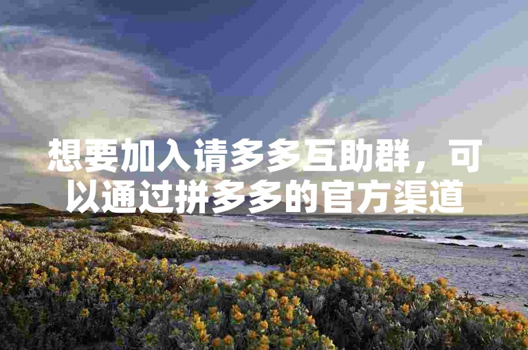 想要加入请多多互助群，可以通过拼多多的官方渠道或相关活动页面找到入群方式。