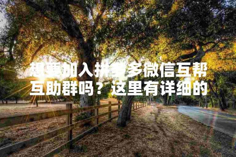 想要加入拼多多微信互帮互助群吗？这里有详细的入群指南等你来探索。
